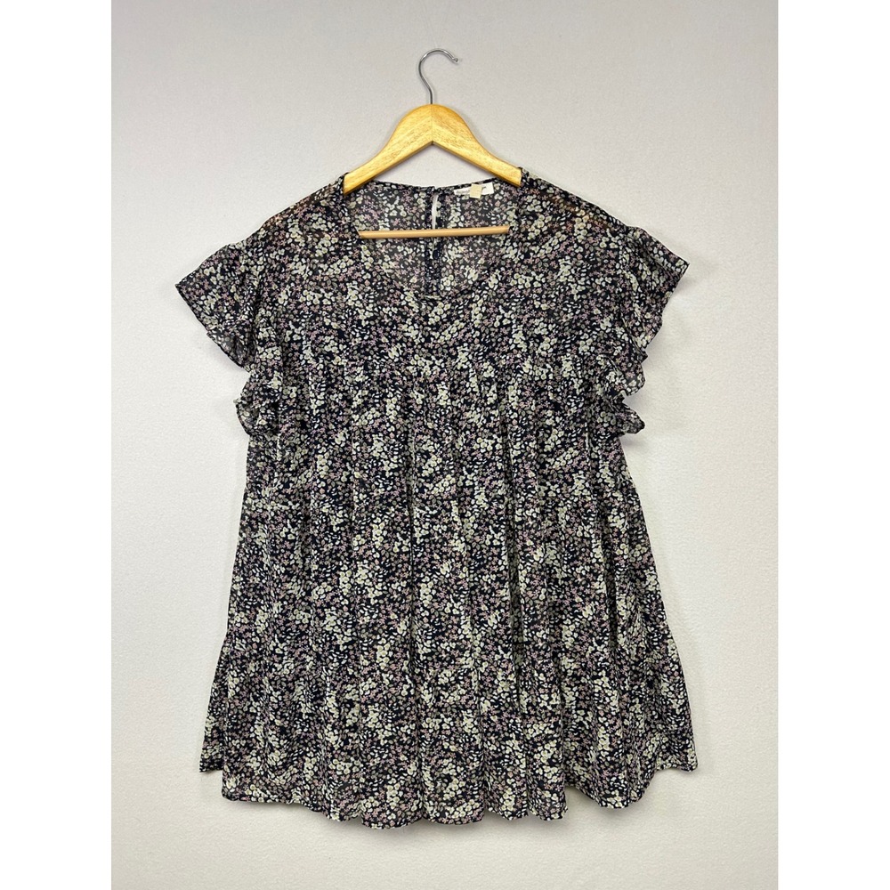 Cottagecore‎ Chic Soul Womens XL Navy Floral Tiered Flutter Sleeve Babydoll Top